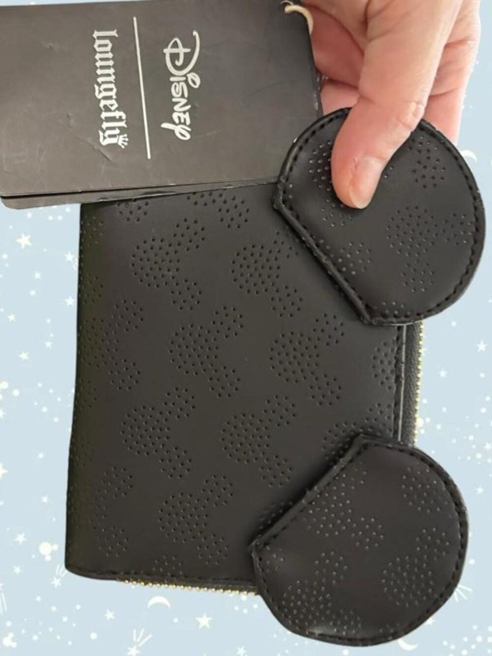 Disney Loungefly black Mickey Mouse wallet with punch Mickey heads design